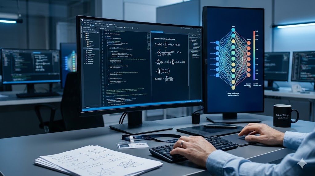 A high-tech Computer Vision development environment showing neural network architecture and advanced AI algorithms on professional monitors.