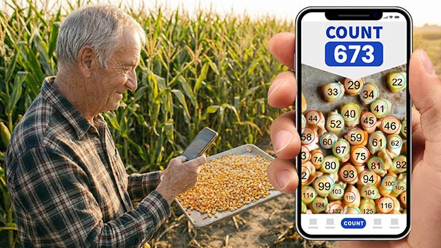 A farmer in a cornfield using the 'CountThings from Photos' app to count corn kernels on a tray to assess crop yield.